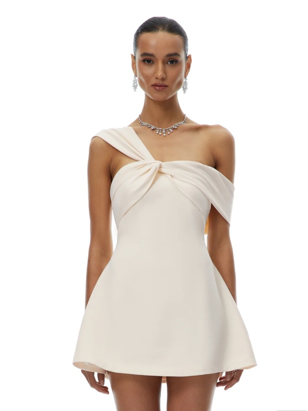 Elegant Cream One-Shoulder Knot Mini Dress